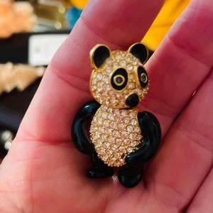 Joan Rivers panda bear pin, movable arms, legs, head, crystals & black enamel
